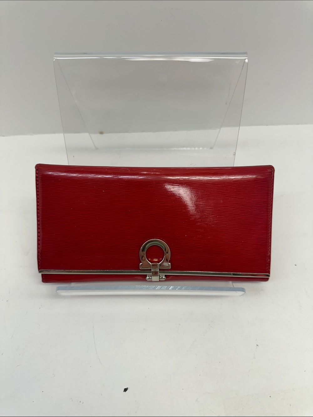 Salvatore Ferragamo Red Patent Leather Continental Wallet with Silver Hardware